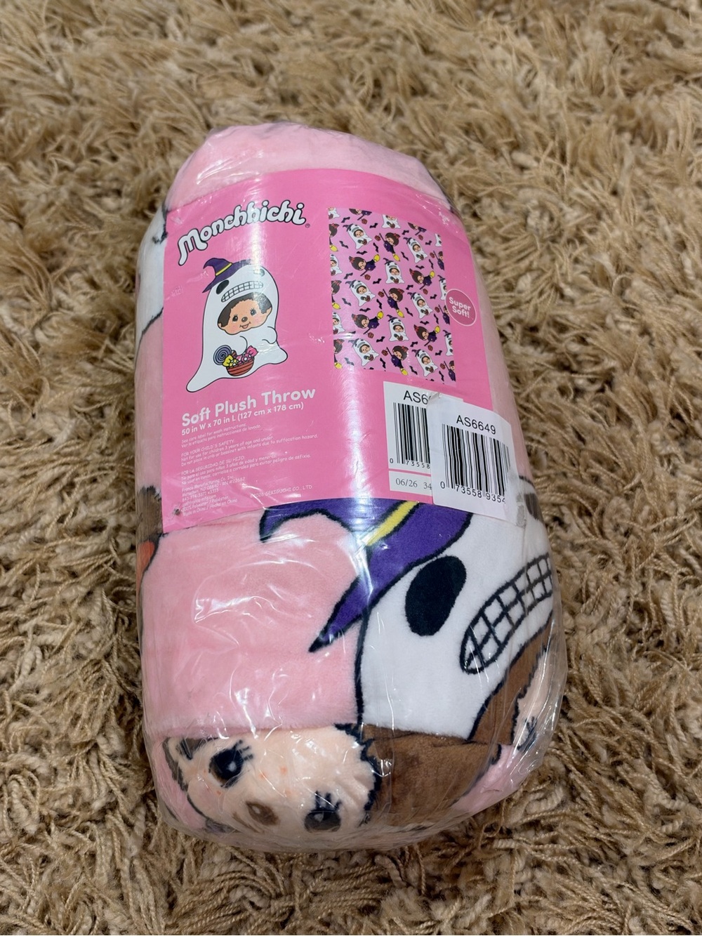 NWT Monchhichi Halloween Pink Soft Plush Throw Blanket Ghost Witch Blankets